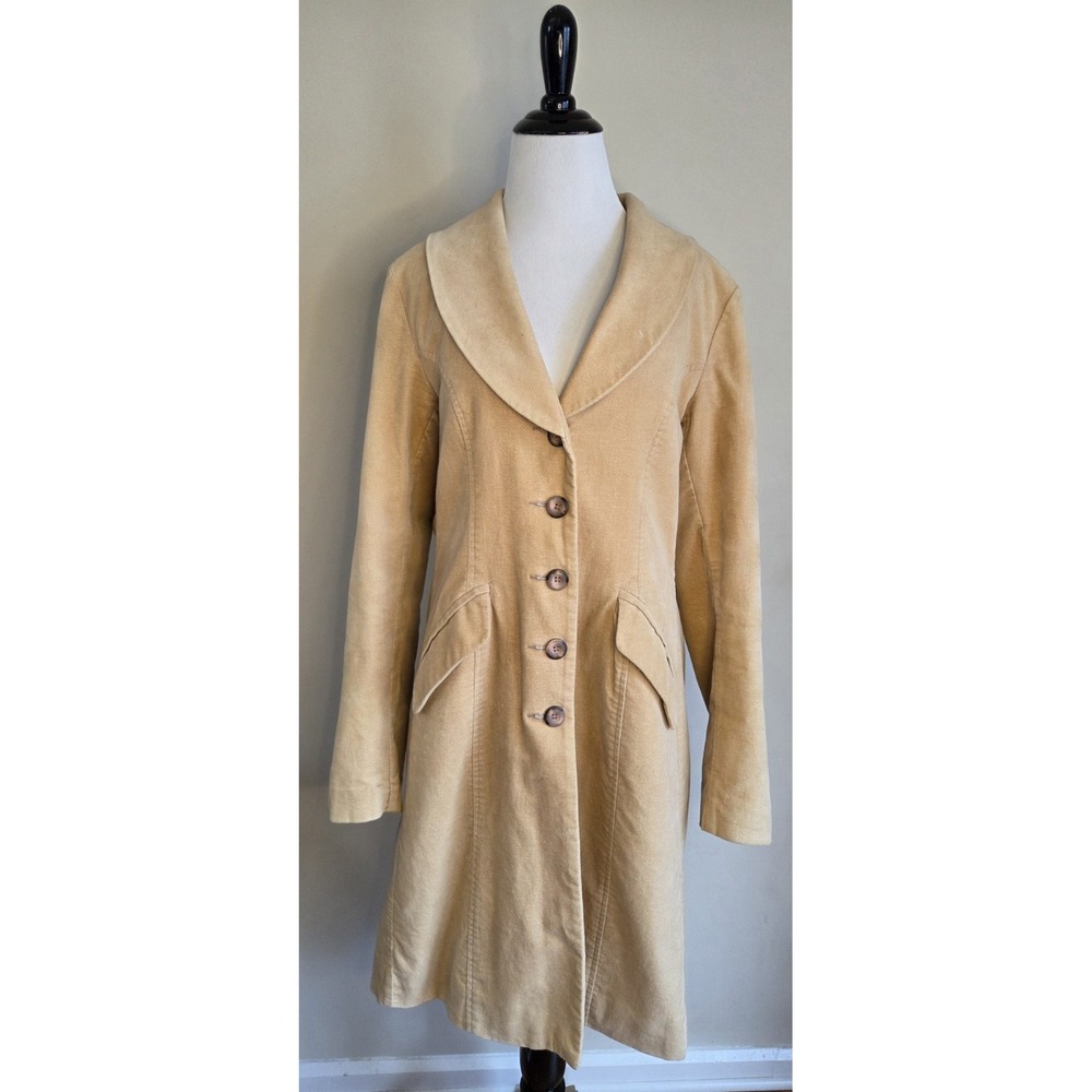 Vtg Static Long Button Tan Brushed Velvet Coat Jacket Lined M Retro 90s Y2k Mod